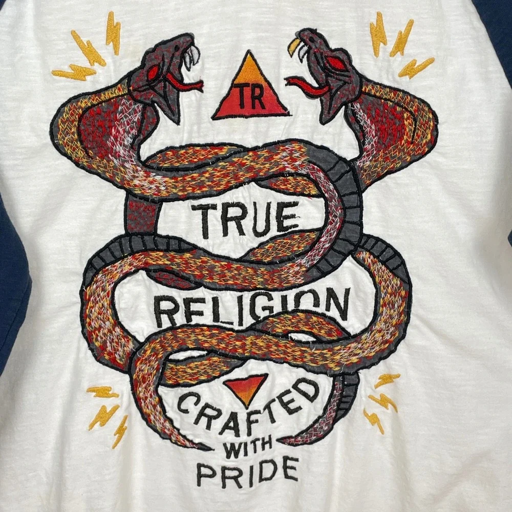 True Religion Y2K Snake Embroidered Graphic T Shirt Men L Streetwear Grunge Logo